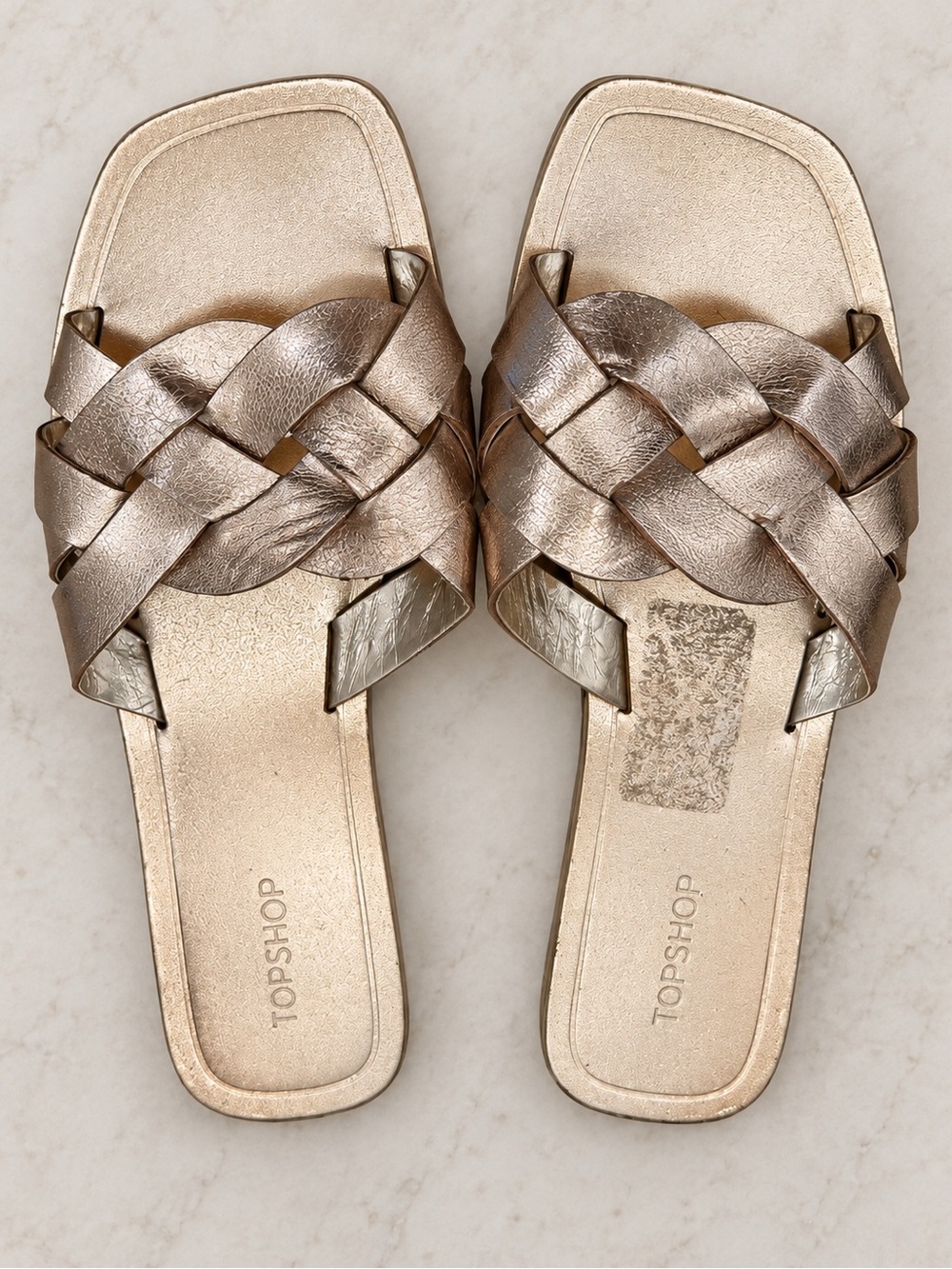 Topshop Metallic Braided Slide Sandals US 7.5/8 EU 38 Square Toe Rose Gold